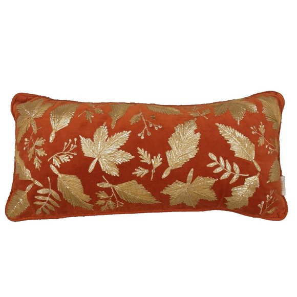 LILLIAN AUGUST Home Embroidered Gold leaves on rust velvet Bolster Pillow throw - Picture 2 of 4